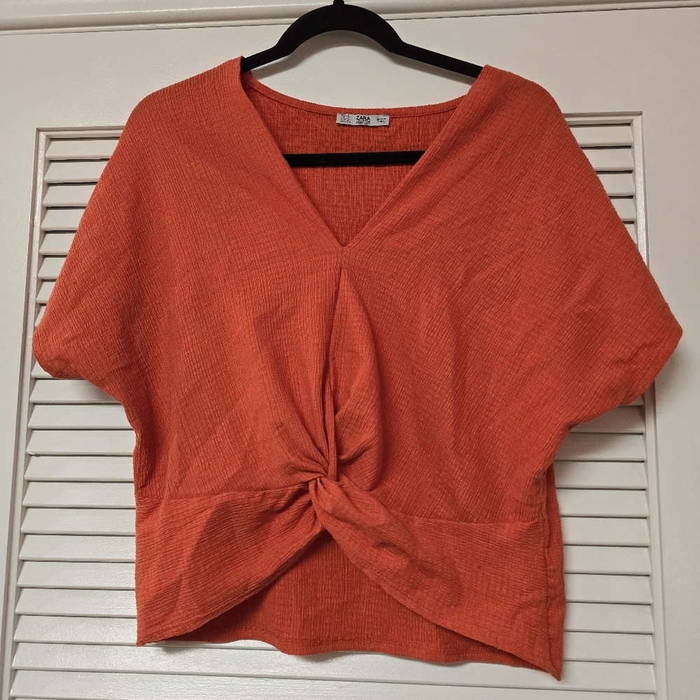 Zara - Orange Lightweight Short-Sleeve V-Neck Top With Faux Knot Detail